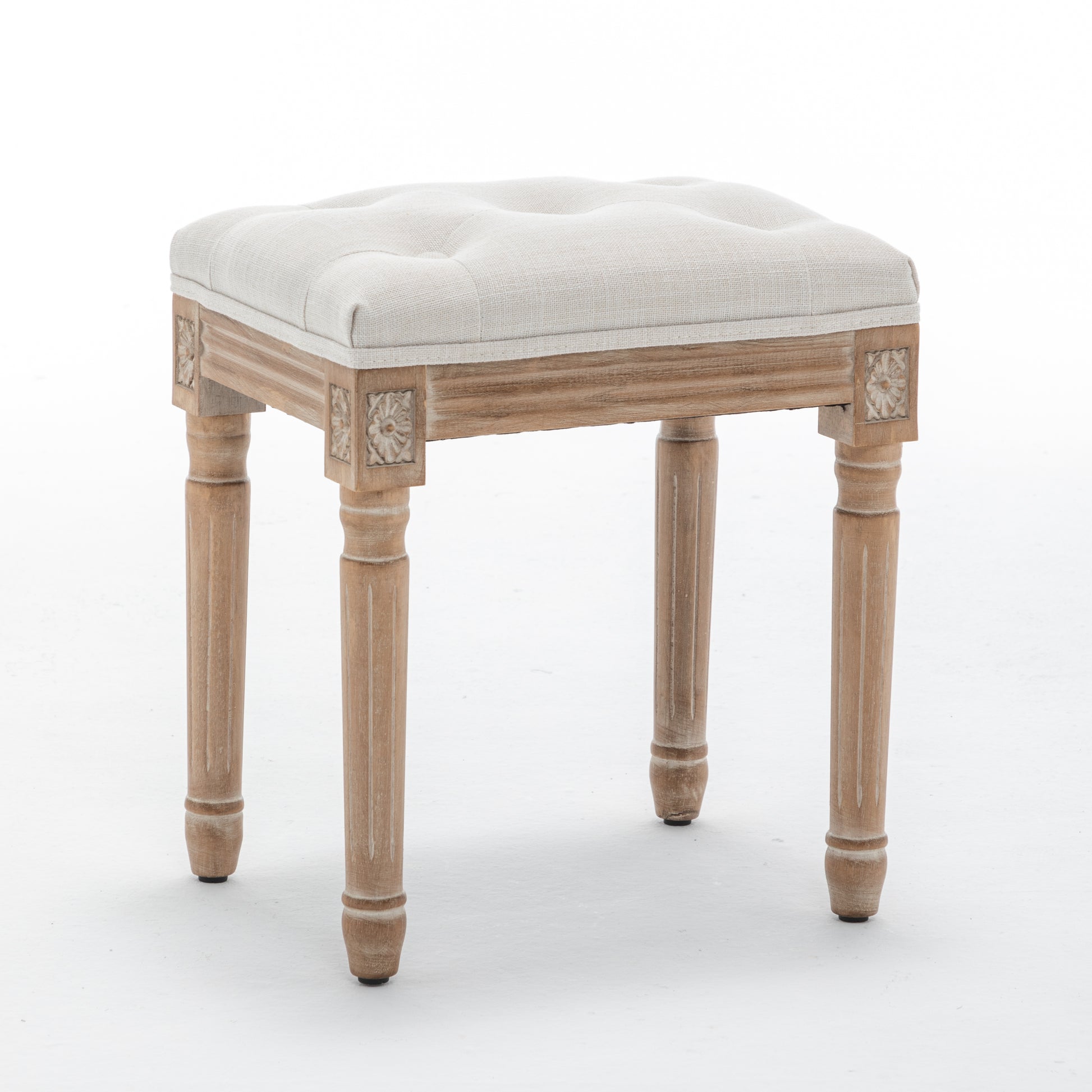 Tufted Vanity Stool with Linen Upholstery & Carved Solid Wood Legs, Dressing Bench for Bedroom, Beige image 2