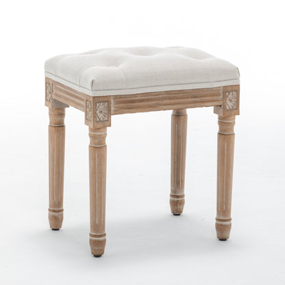 Tufted Vanity Stool with Linen Upholstery & Carved Solid Wood Legs, Dressing Bench for Bedroom, Beige image 2