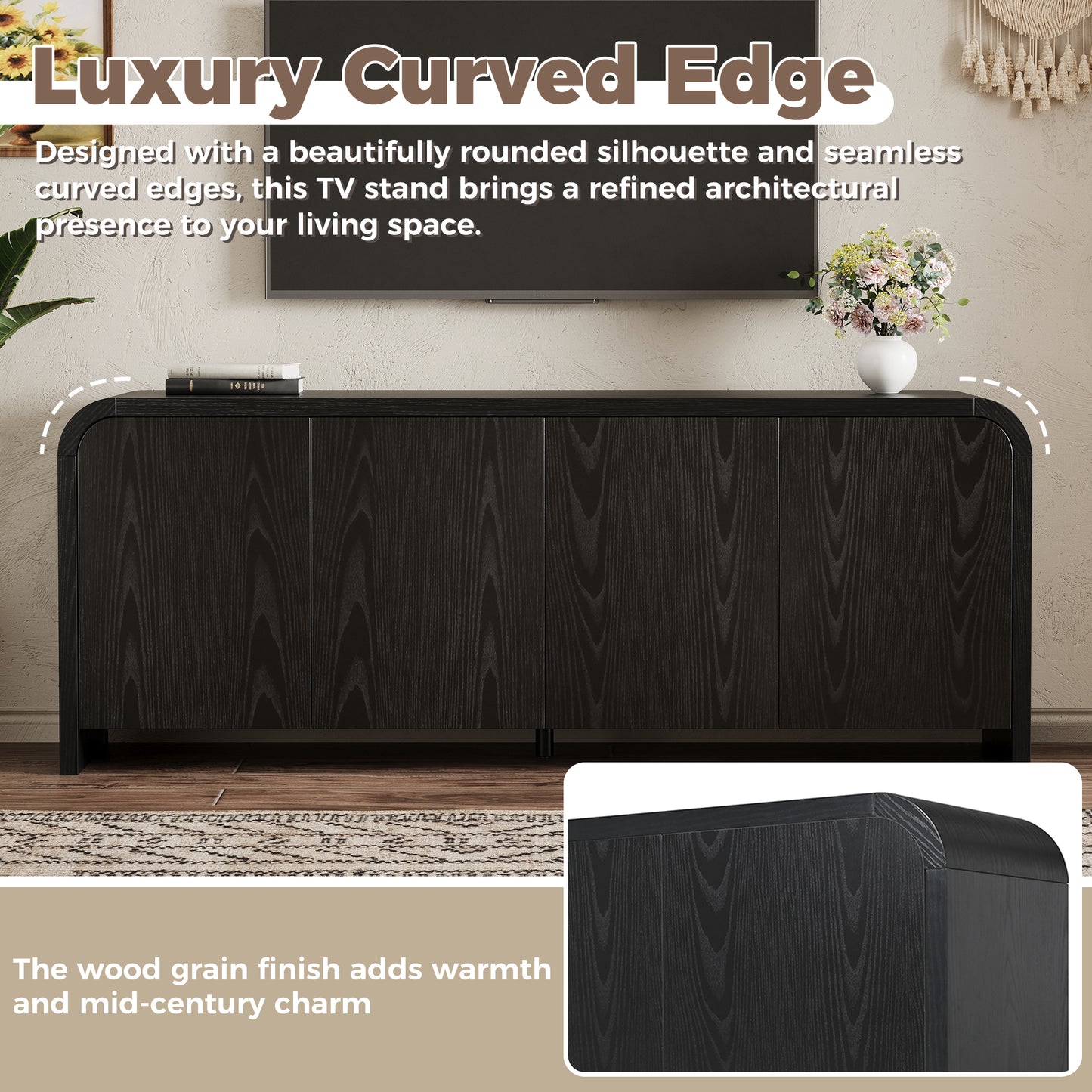 Farmhouse Curved Edge TV Stand with Large Cabinets for TVs up to 70", Minimalist Wood Grain Media Console with Cable Management, Mid Century TV Cabinet with Adjustable Shelves for Living Room, Black image 3