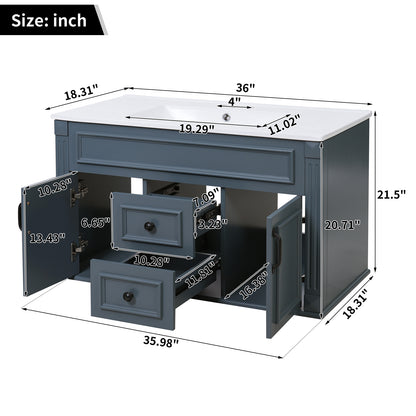 36 inch Wall Mounted Bathroom Cabinet with Ceramic Sink and Drawers, French Simple Style Vanity with Soft Closing Hinges image 9