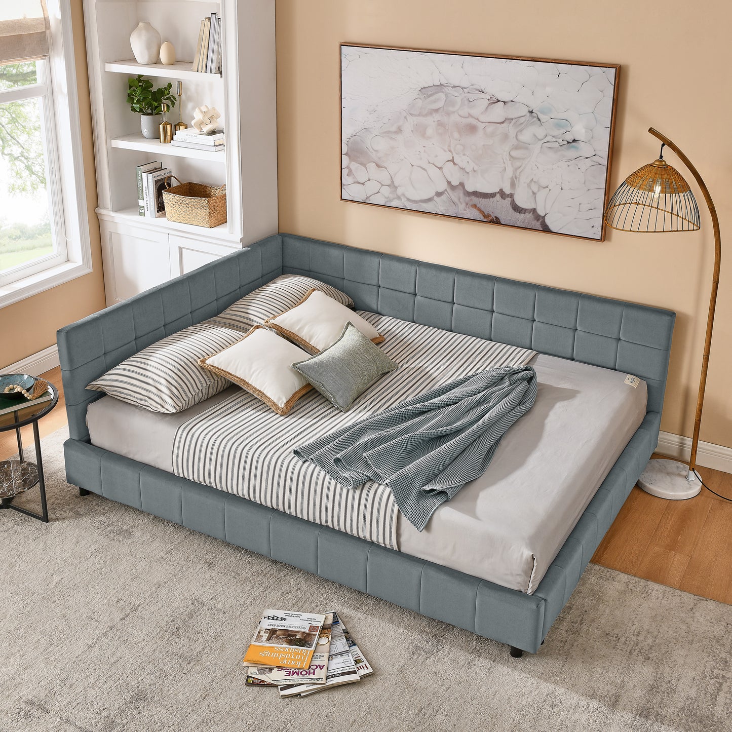 Queen Size Upholstered Tufted Bed Frame, Sofa Bed Frame with Comfortable Backrest and Armrests, Queen Size Bed for Bedroom, Living Room,Velvet, GREY(85.5''*64.5''*30.5'') image 1