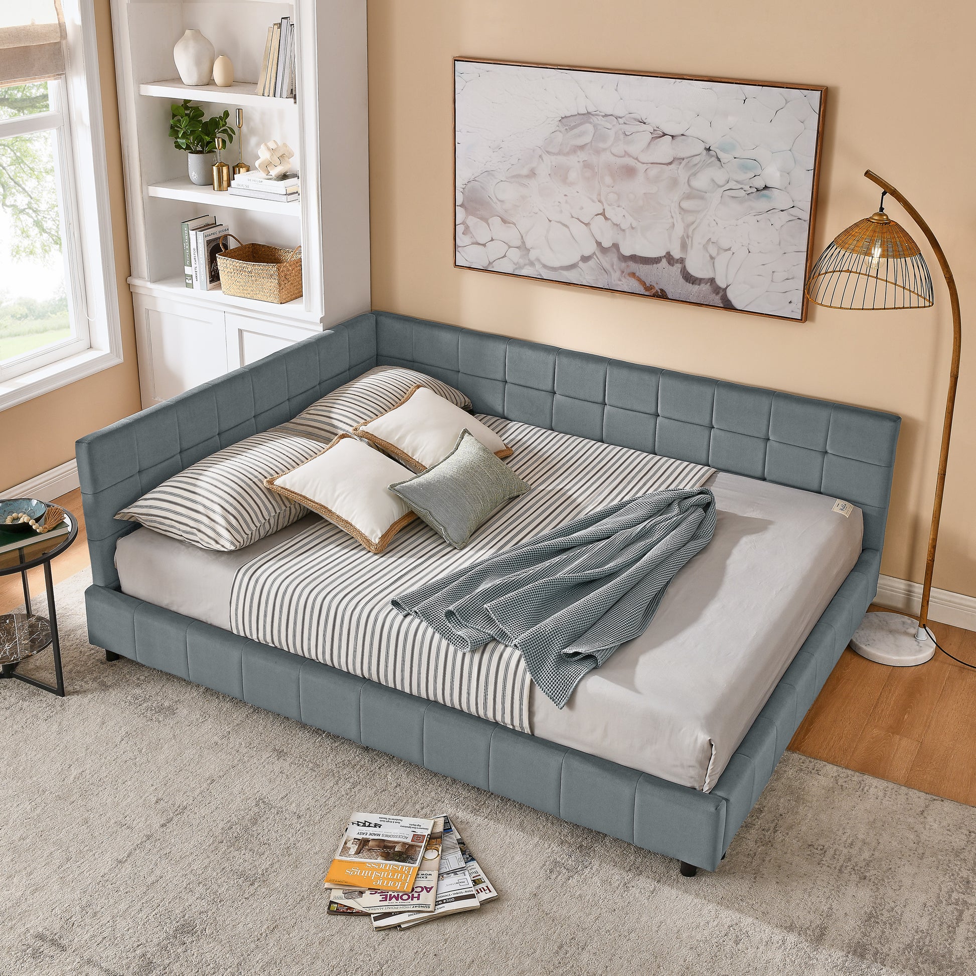 Queen Size Upholstered Tufted Bed Frame, Sofa Bed Frame with Comfortable Backrest and Armrests, Queen Size Bed for Bedroom, Living Room,Velvet, GREY(85.5''*64.5''*30.5'') image 1