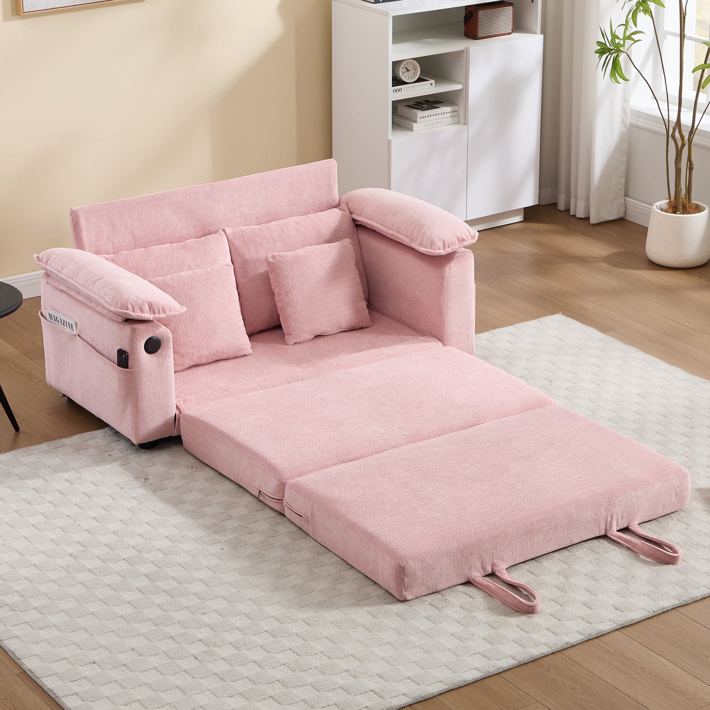 58 inch 3-in-1 Upholstered Futon Sofa Convertible Floor Sofa bed,Foldable Tufted Loveseat with Pull Out Sleeper Couch Bed,Folding Mattres Love Seat Daybed W/Side Pockets for Living Room Pink image 2