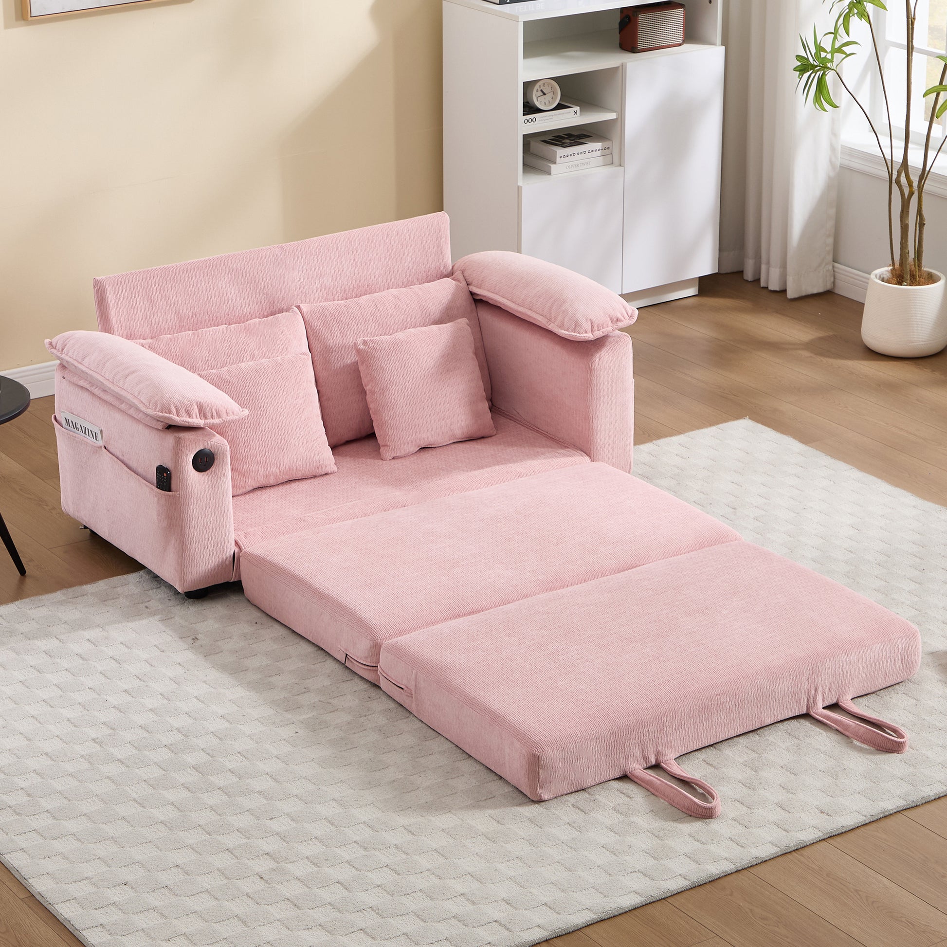 58 inch 3-in-1 Upholstered Futon Sofa Convertible Floor Sofa bed,Foldable Tufted Loveseat with Pull Out Sleeper Couch Bed,Folding Mattres Love Seat Daybed W/Side Pockets for Living Room Pink image 2