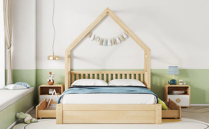 Wood Queen Size House Platform Bed with Guardrail and 2 Drawers, Natural image 4