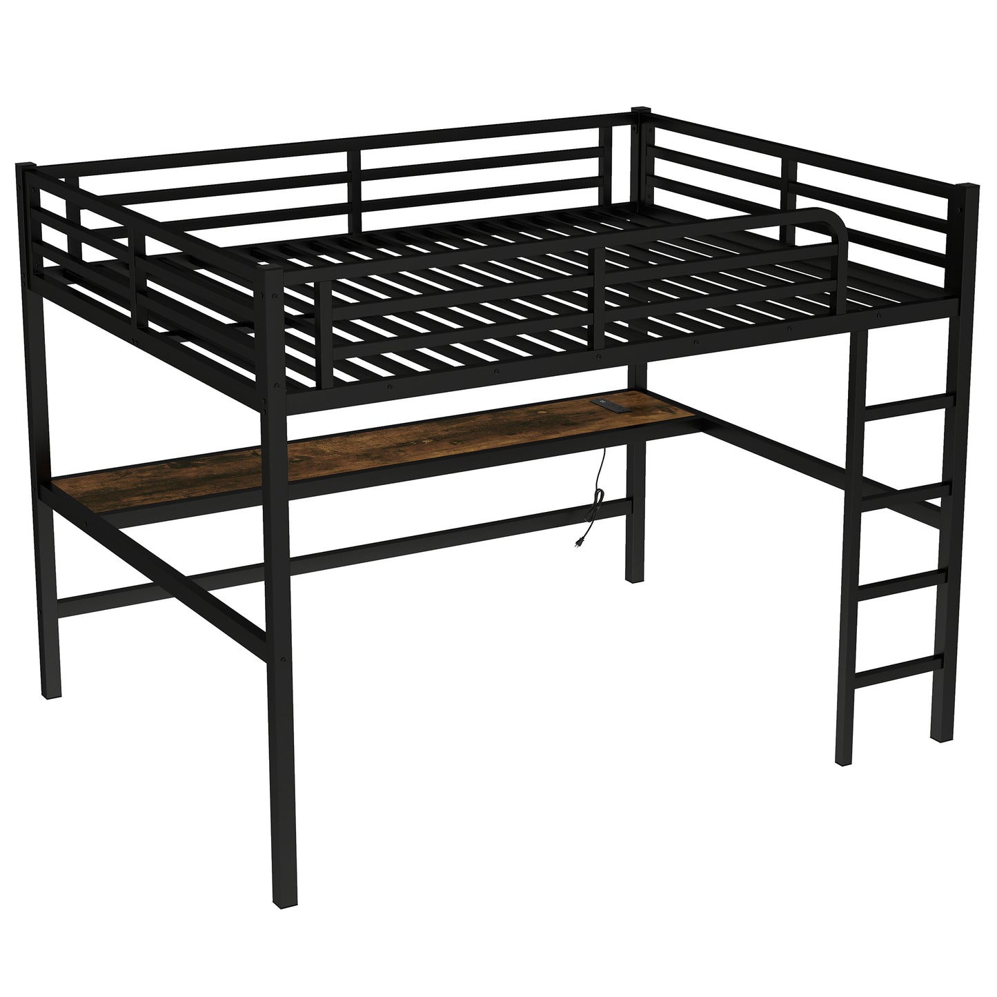 Metal Queen Size Loft Bed with Power Outlet and LED Lighted, Space-Saving, Noise Reduced, Black image 6