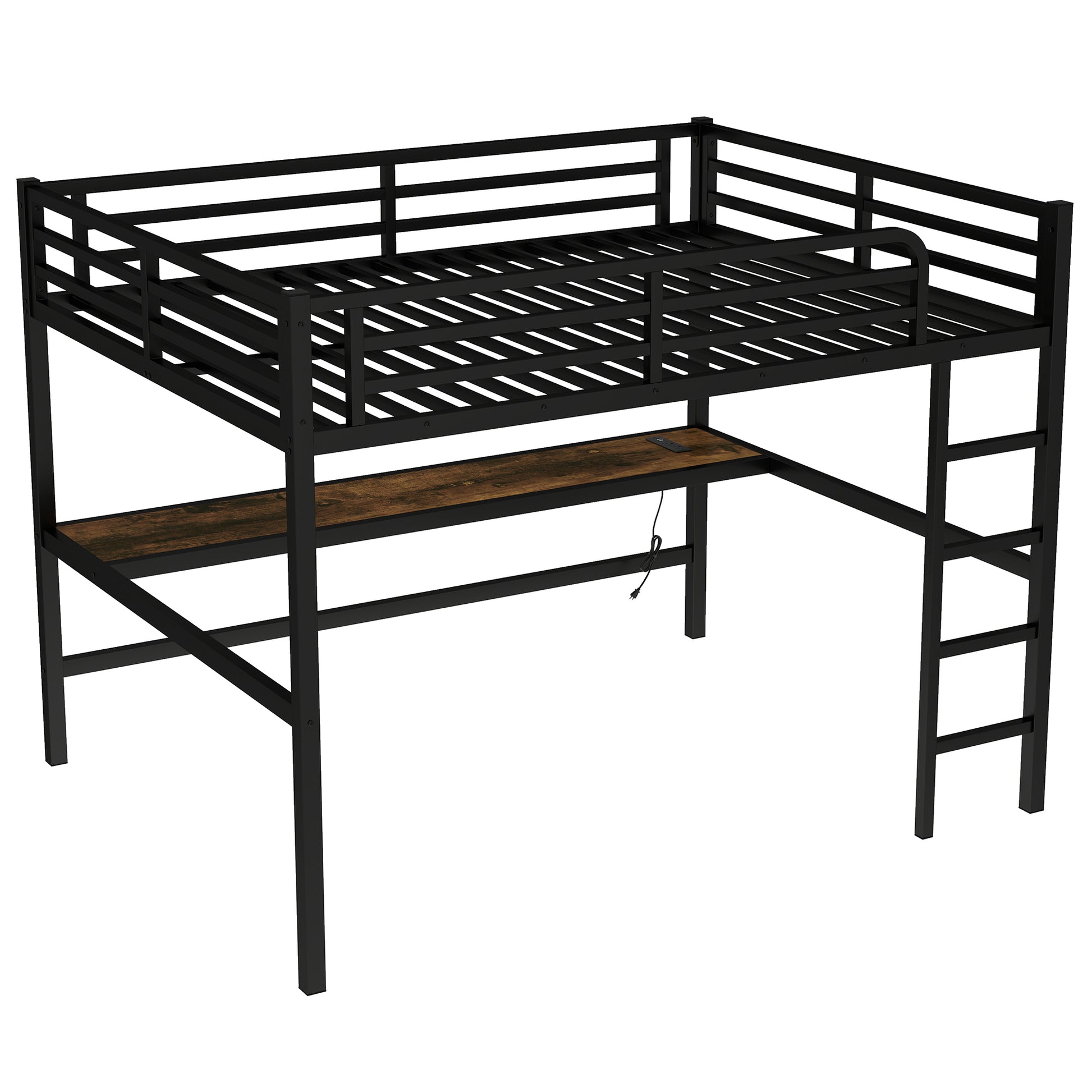 Metal Queen Size Loft Bed with Power Outlet and LED Lighted, Space-Saving, Noise Reduced, Black image 6