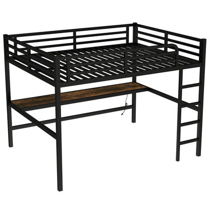 Metal Queen Size Loft Bed with Power Outlet and LED Lighted, Space-Saving, Noise Reduced, Black image 6