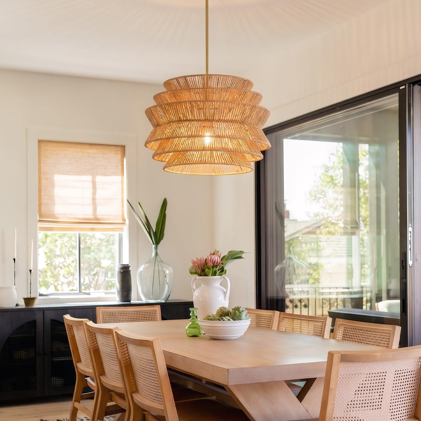 17.3" Rattan Pendant Light,Hand-Woven Rustic Wicker Hanging Light Seagrass Ceiling Chandelier,Water Plants Rattan Chandelier for Dining Living Bedroom Kitchen Farmhouse image 5