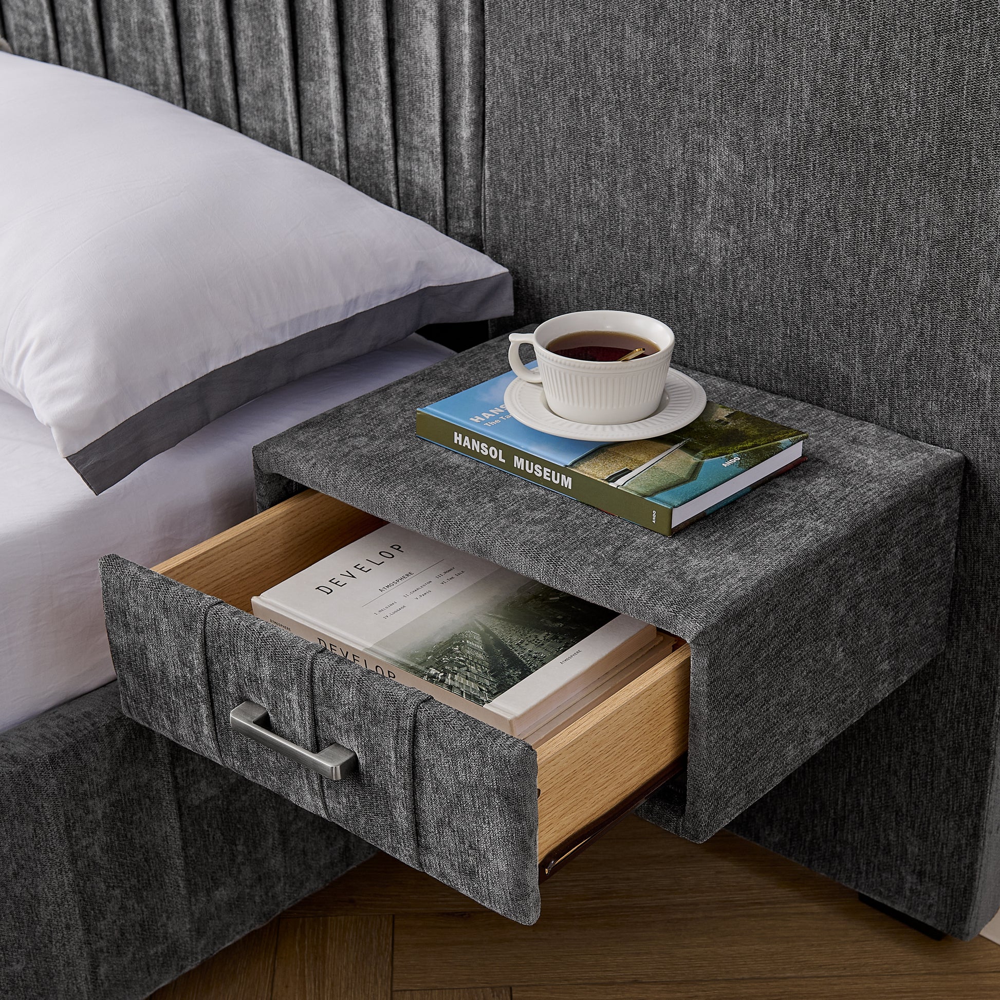 King Size Upholstered Bed Frame with Chenille fabric with pleated design,Grounded King Size Platform Bed with Headboard and Solid Frame and the bedside table.No Box Spring Needed-DARK GREY image 7