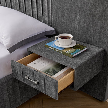 King Size Upholstered Bed Frame with Chenille fabric with pleated design,Grounded King Size Platform Bed with Headboard and Solid Frame and the bedside table.No Box Spring Needed-DARK GREY image 7