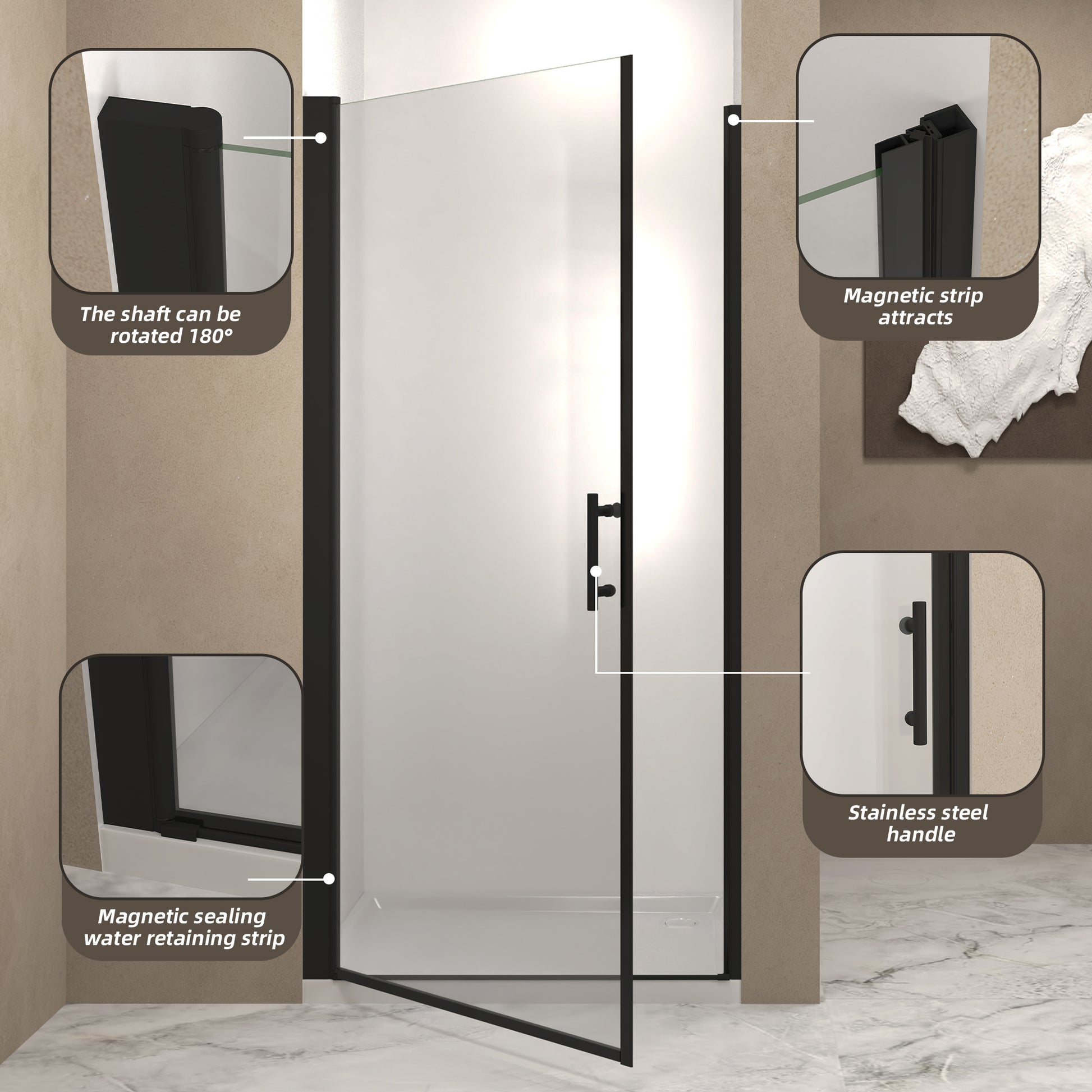 28"x 72" Pivot Shower Door, Matte Black Aluminum Frame, Half Frame,1/4"(6mm) Tempered Glass Explosion Proof Film,Stainless Steel Handle image 5