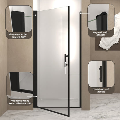 28"x 72" Pivot Shower Door, Matte Black Aluminum Frame, Half Frame,1/4"(6mm) Tempered Glass Explosion Proof Film,Stainless Steel Handle image 5