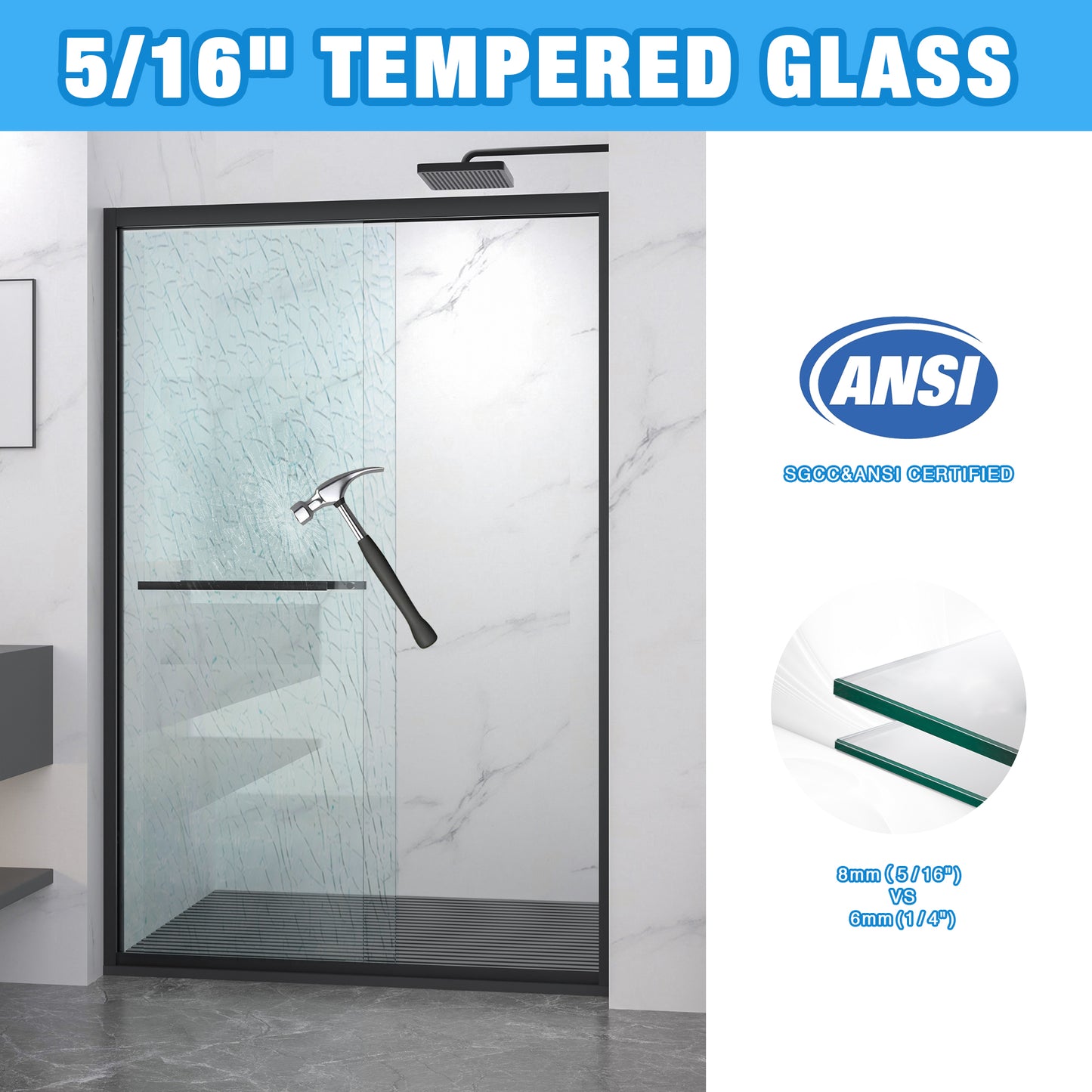 44-48"x72" Aluminum Frame Double Sliding Shower Door,Bypass Bathroom Sliding Door with Premium 5/16" (8mm) Clear Tempered Glass, Black Hardware Sliding Glass Shower Enclosure,Matte Black Finished image 7