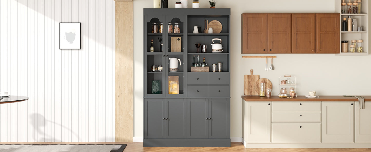 [Assembly Video Provided] TOPMAX 47.2x15.7x75inch Freestanding Buffet with Hutch, Tall Kitchen Pantry Cabinet with 4 Drawers, Door Shelves and Pull-out Trays for Dining room, Living Room, Gray image 4