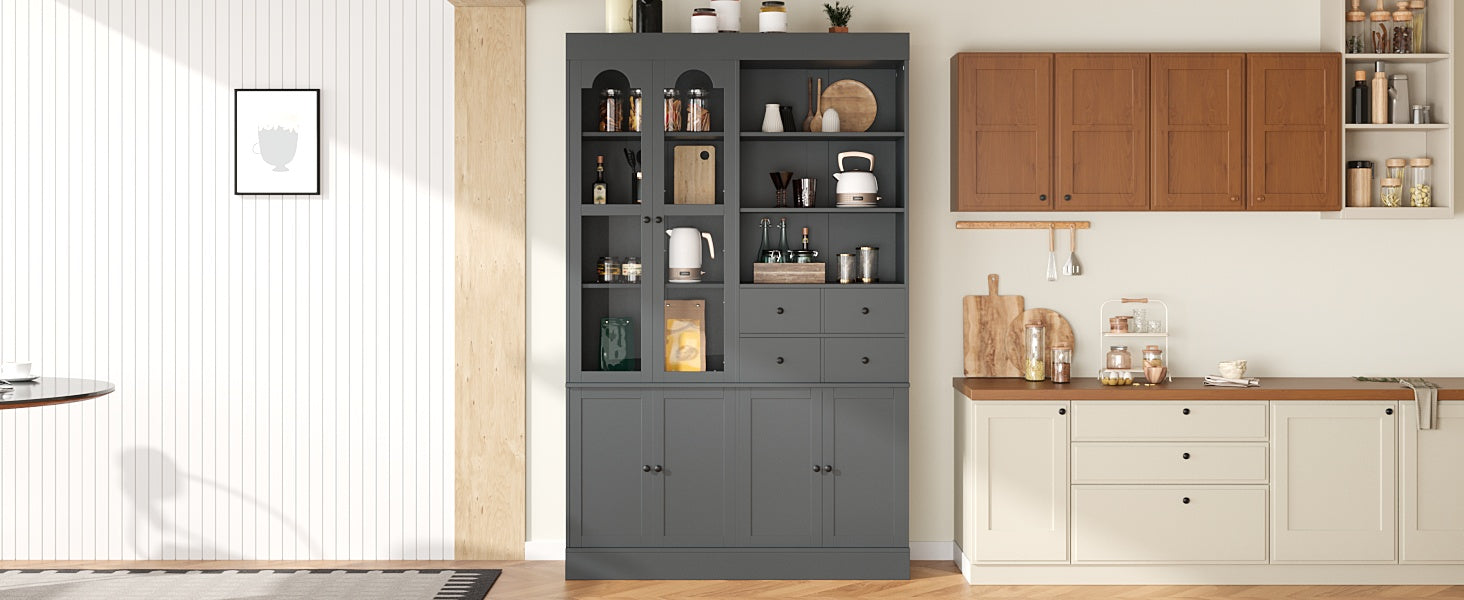 [Assembly Video Provided] TOPMAX 47.2x15.7x75inch Freestanding Buffet with Hutch, Tall Kitchen Pantry Cabinet with 4 Drawers, Door Shelves and Pull-out Trays for Dining room, Living Room, Gray image 4