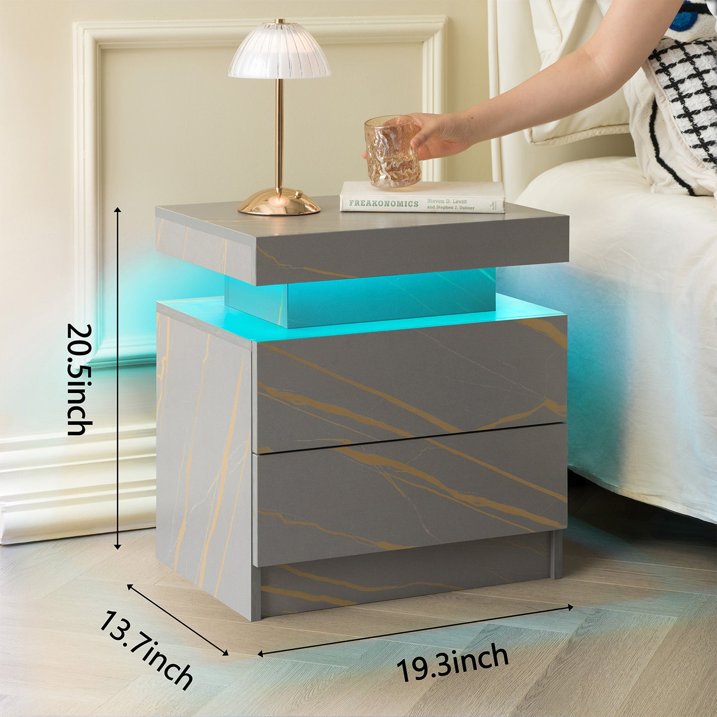 Nightstand LED Bedside Table Cabinet Lights Modern End Side with 2 Drawers for Bedroom (Grey Gold) image 3