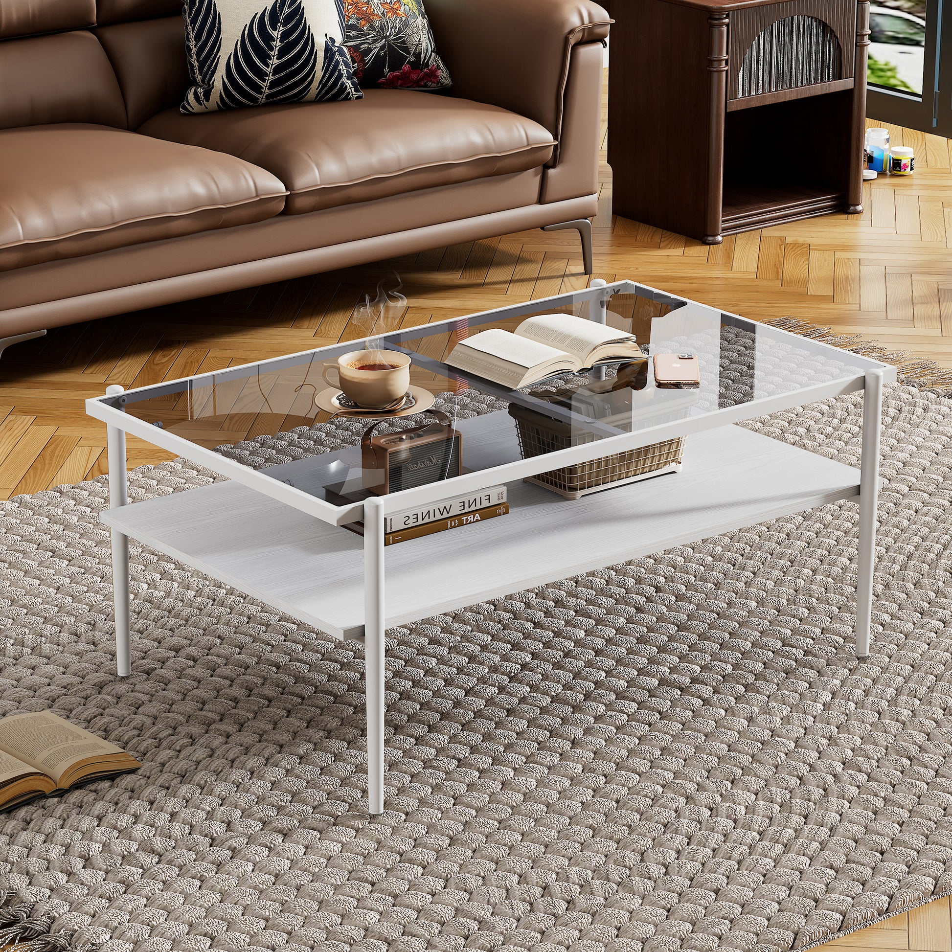 Rectangle Coffee Table with Gray Tempered Glass top and White Legs, Modern Table for Living Room image 2