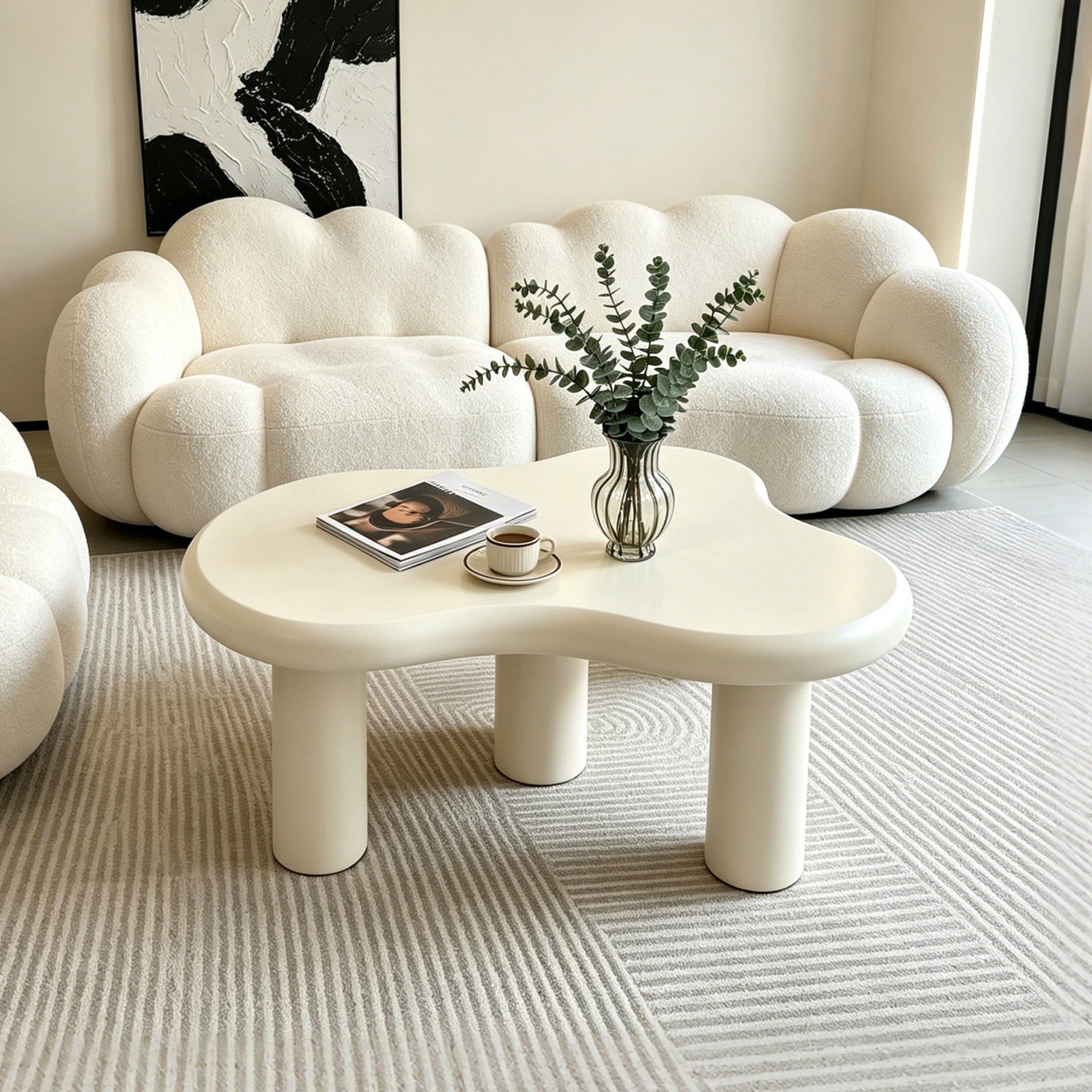 Cloud Coffee Table, Modern Wood Coffee Table for Living Room, Accent Center Tables with 3 Legs, Small Tea Tables for Balcony, Patio, Bedroom, Cream White image 2