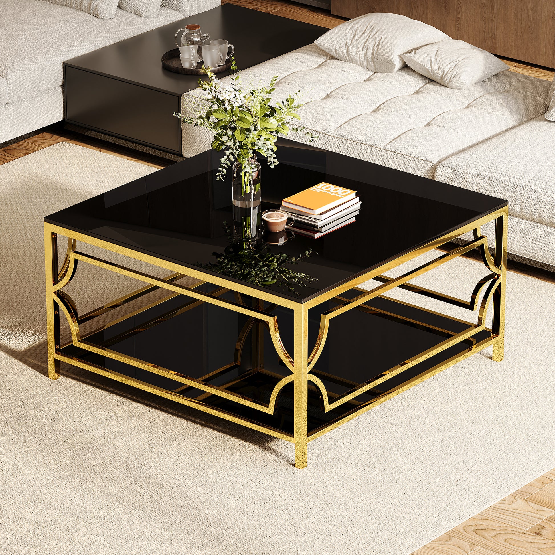 Square Glass Coffee Table in 33.5",Luxurious Geometric Metal Frame,Gold Finish & Lower Shelf image 1