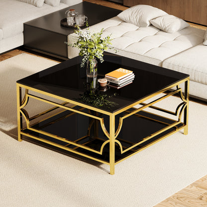 Square Glass Coffee Table in 33.5",Luxurious Geometric Metal Frame,Gold Finish & Lower Shelf image 1