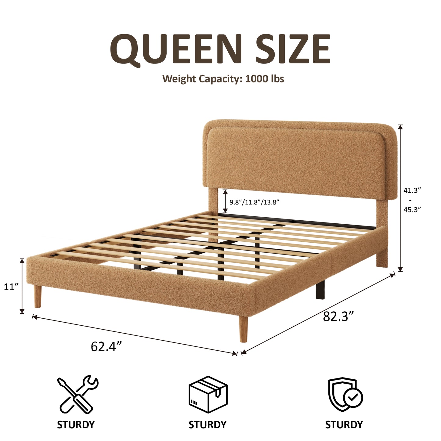 Queen Bed frame, Plush Upholstered Platform Bed with Height-Adjustable Headboard, Sturdy Frame and Alats, Quiet Design, No-Spring Mattress Compatible, Easy to Assemble, Brown image 2