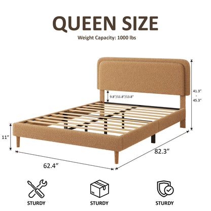 Queen Bed frame, Plush Upholstered Platform Bed with Height-Adjustable Headboard, Sturdy Frame and Alats, Quiet Design, No-Spring Mattress Compatible, Easy to Assemble, Brown image 2