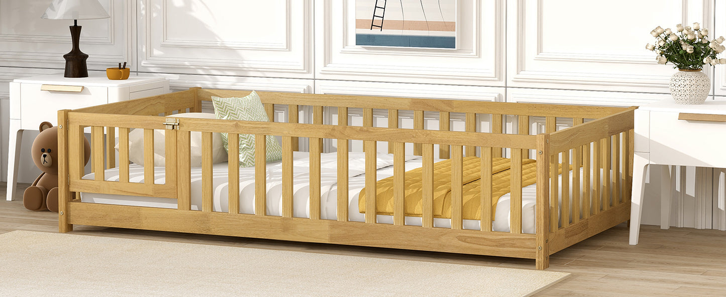 Twin Size Floor Bed with Fence and Door,Rubber Wood Floor Bed with Safety Guardrails,Natural (Old Sku W504P296778) image 5