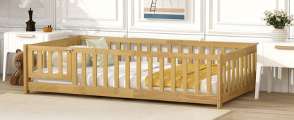 Twin Size Floor Bed with Fence and Door,Rubber Wood Floor Bed with Safety Guardrails,Natural (Old Sku W504P296778) image 5