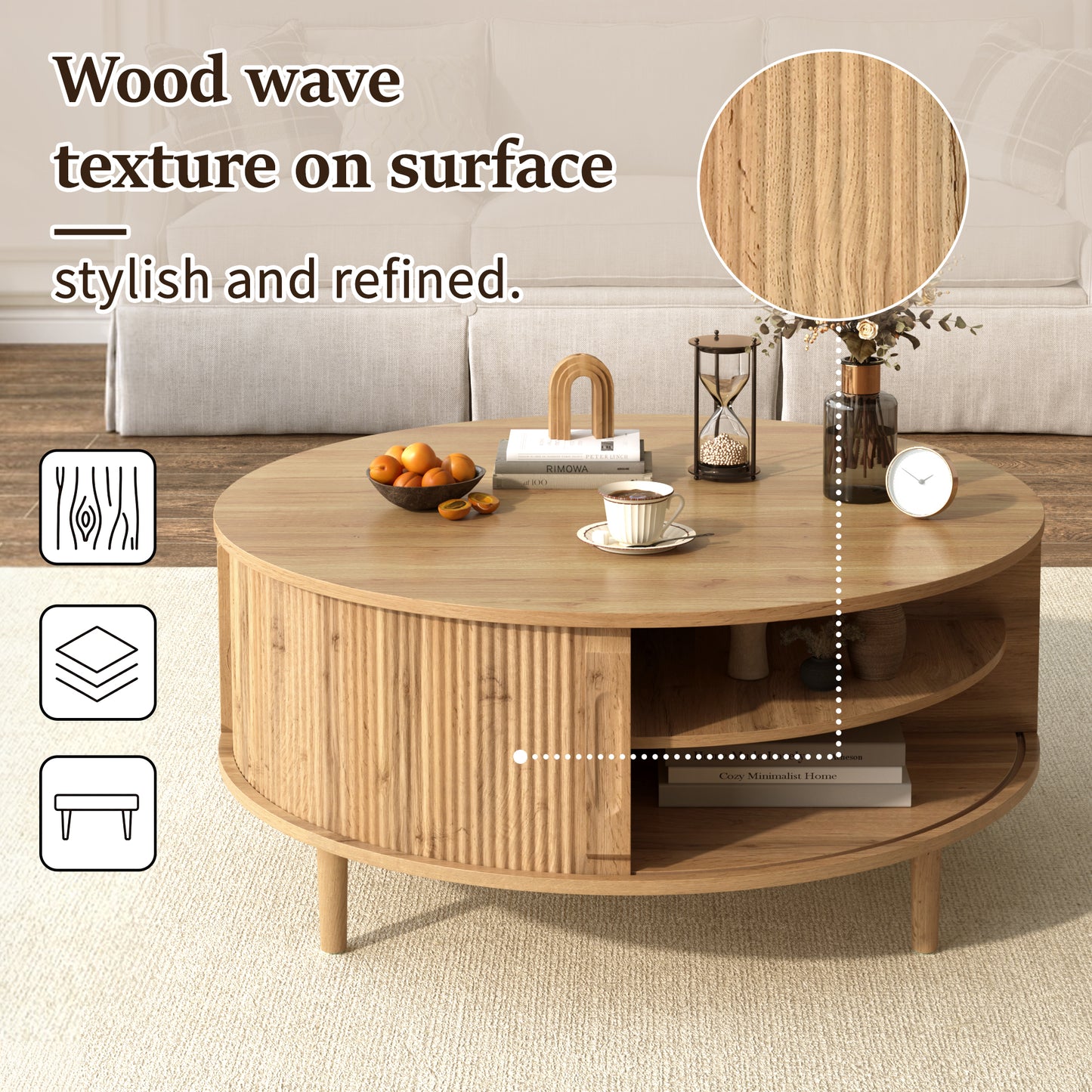 U-Can Minimalist Round Lift-Top Coffee Table with Hidden Storage, Sliding Door, Pine Legs, and Wood Wave Finish image 8