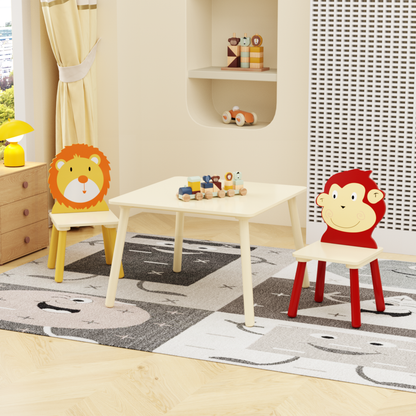 Kids Table and 2 Chairs Set, 3 Pieces Toddler Table and Chair Set, Wooden Activity Play Table Set (Lion&Monkey) image 1