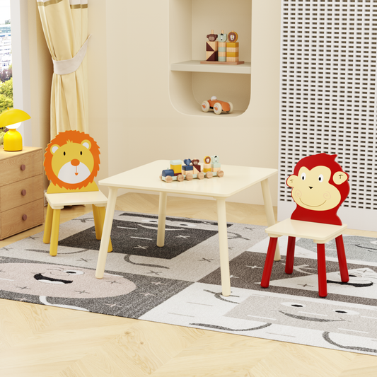 Kids Table and 2 Chairs Set, 3 Pieces Toddler Table and Chair Set, Wooden Activity Play Table Set (Lion&Monkey) image 1