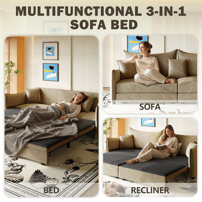 81.9" King Pull Out Sofa Bed,3-in-1 Convertible Sofa Bed with 3 Pillows & Golden Accent Detail Design, Modern Velvet 3-Seater Couch,for Small Space,Living Room,Apartment,Camel image 10