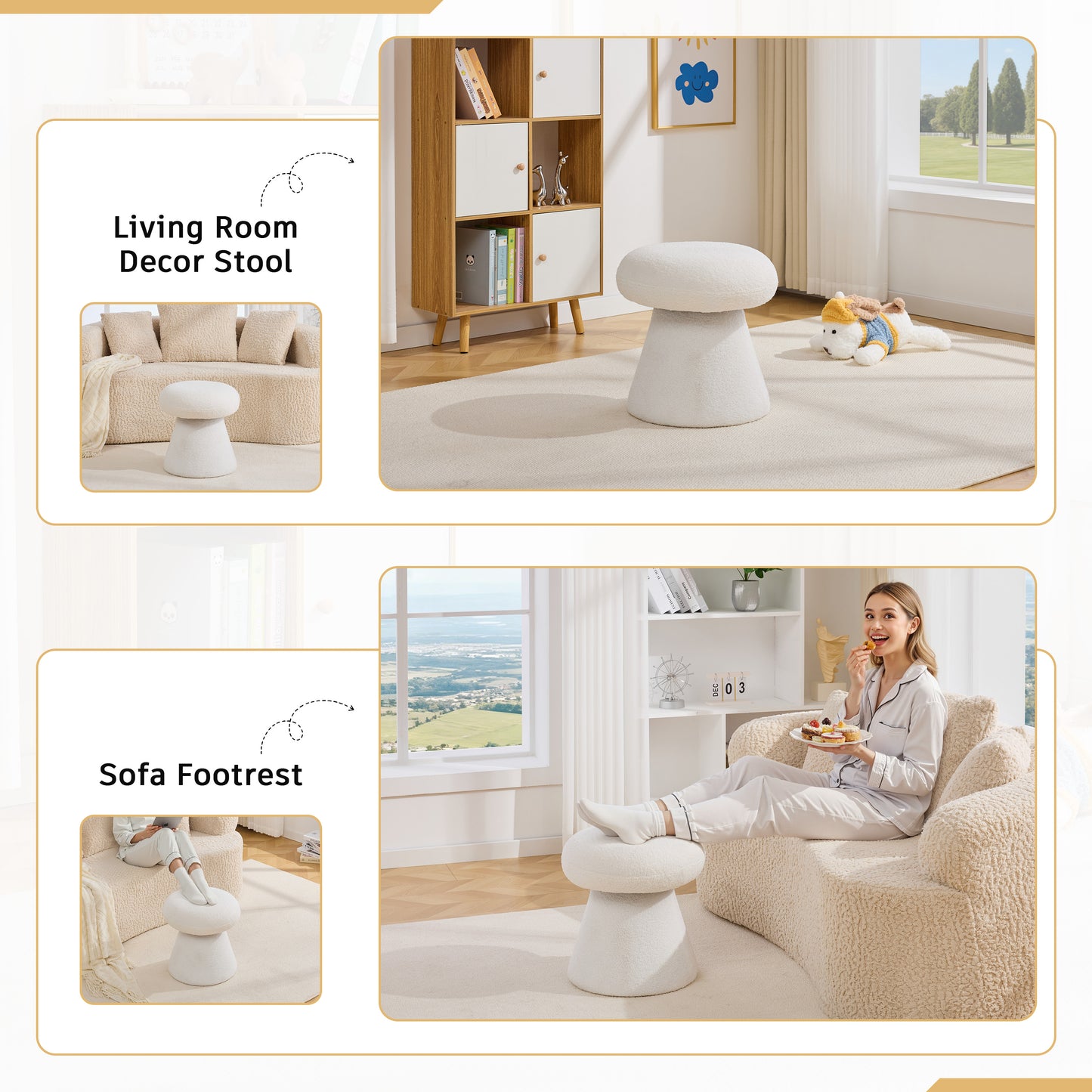 066-Teddy Fabric Soft-padded Footstool, Mushroom shaped Ottoman, Shoe-changing Stool, Makeup Stool,No Installation Required, Suitable For Bedrooms, Living Rooms, Powder Rooms Or Entrances, White image 5