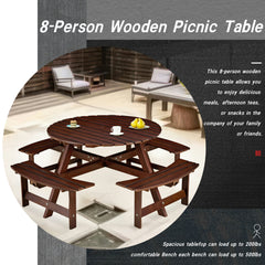 8-Person Outdoor Round Picnic Table Set with 4 Built-in Benches & Umbrella Hole - Perfect for Garden, Backyard, Porch & Patio - Brown Wood