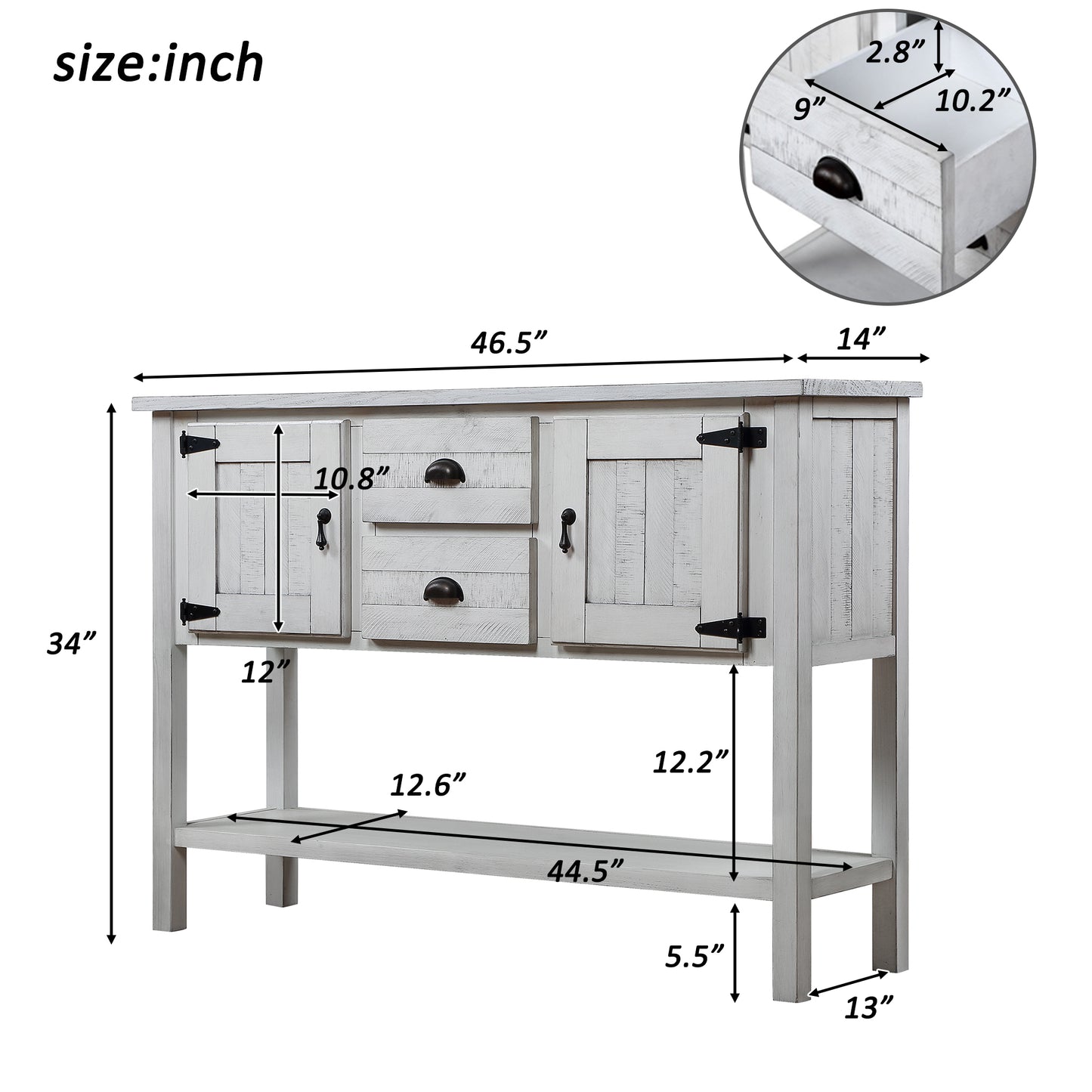 46'' Solid Wood Sideboard Console Table with 2 Drawers and Cabinets and Bottom Shelf, Retro Style Storage Dining Buffet Server Cabinet for Living Room Kitchen Dining Room (Antique White image 3