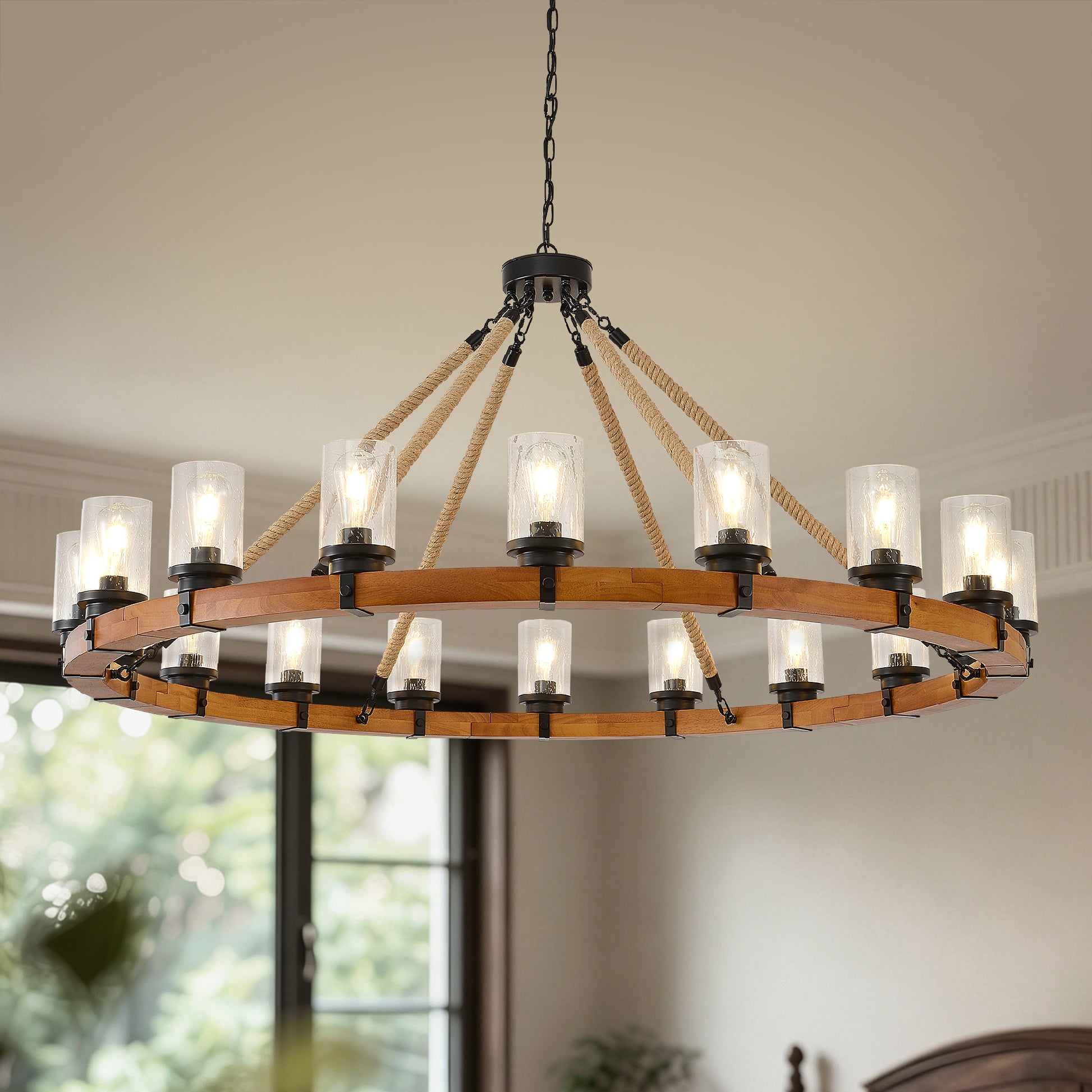 18-Light Rustic Wagon Wheel Chandelier,59"Wooden Pendant Light with Seeded Glass Shade,Industrial Chandeliers for Dining Room Kitchen lsland Foyer (Solid One-Piece Wood Frame Design)-NO INCLUDED BULBS image 1