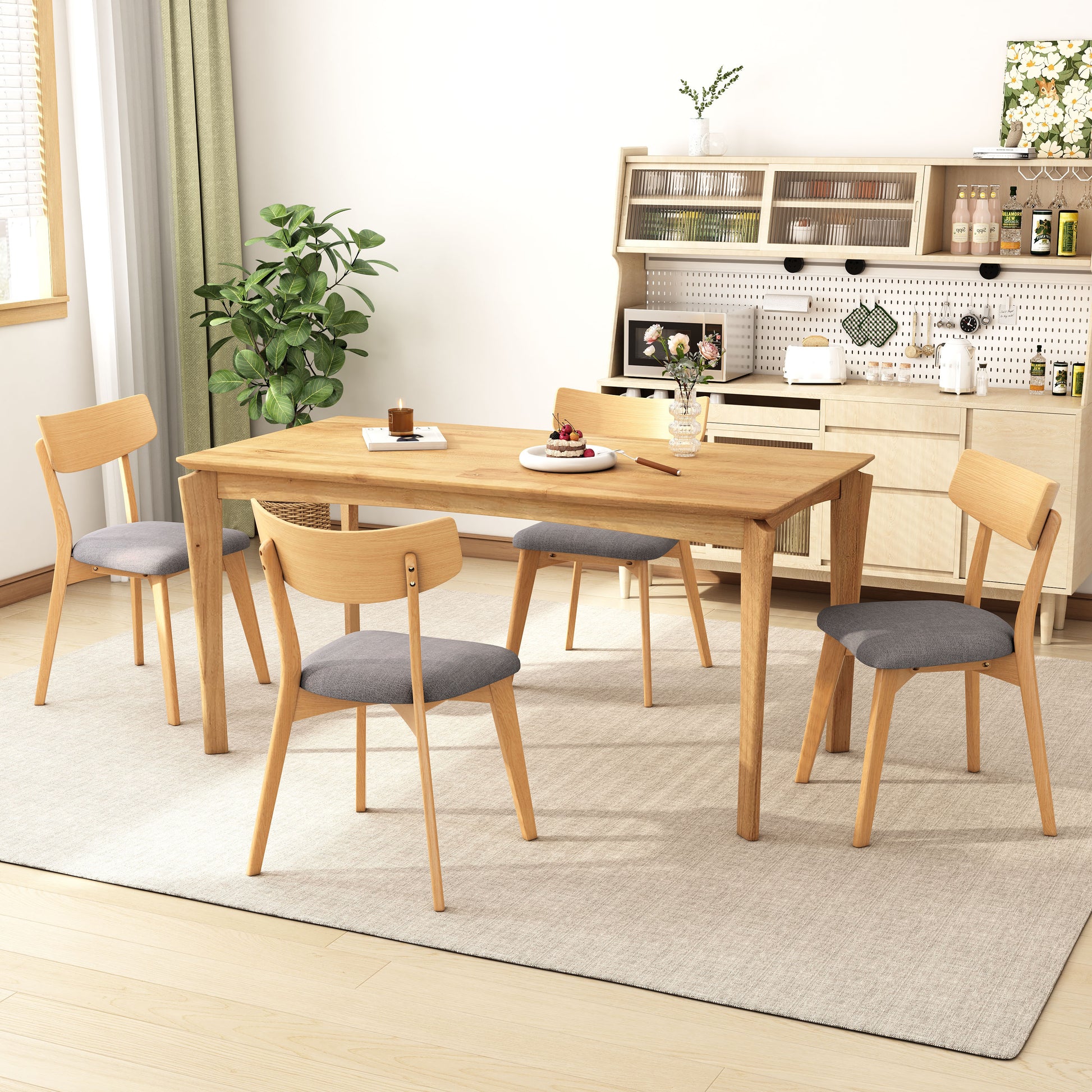 Mid-Century Walnut Finished Frame Upholstered Dining Chairs,Set of 2, Dark Grey+Natural image 3