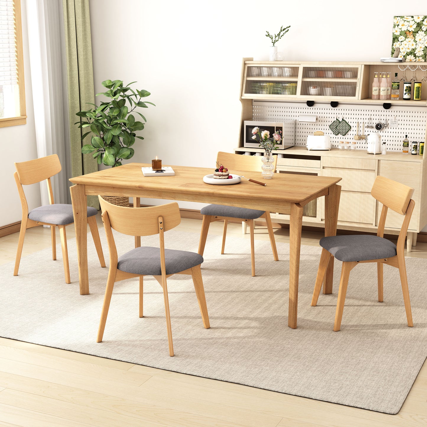Mid-Century Walnut Finished Frame Upholstered Dining Chairs,Set of 2, Dark Grey+Natural image 3