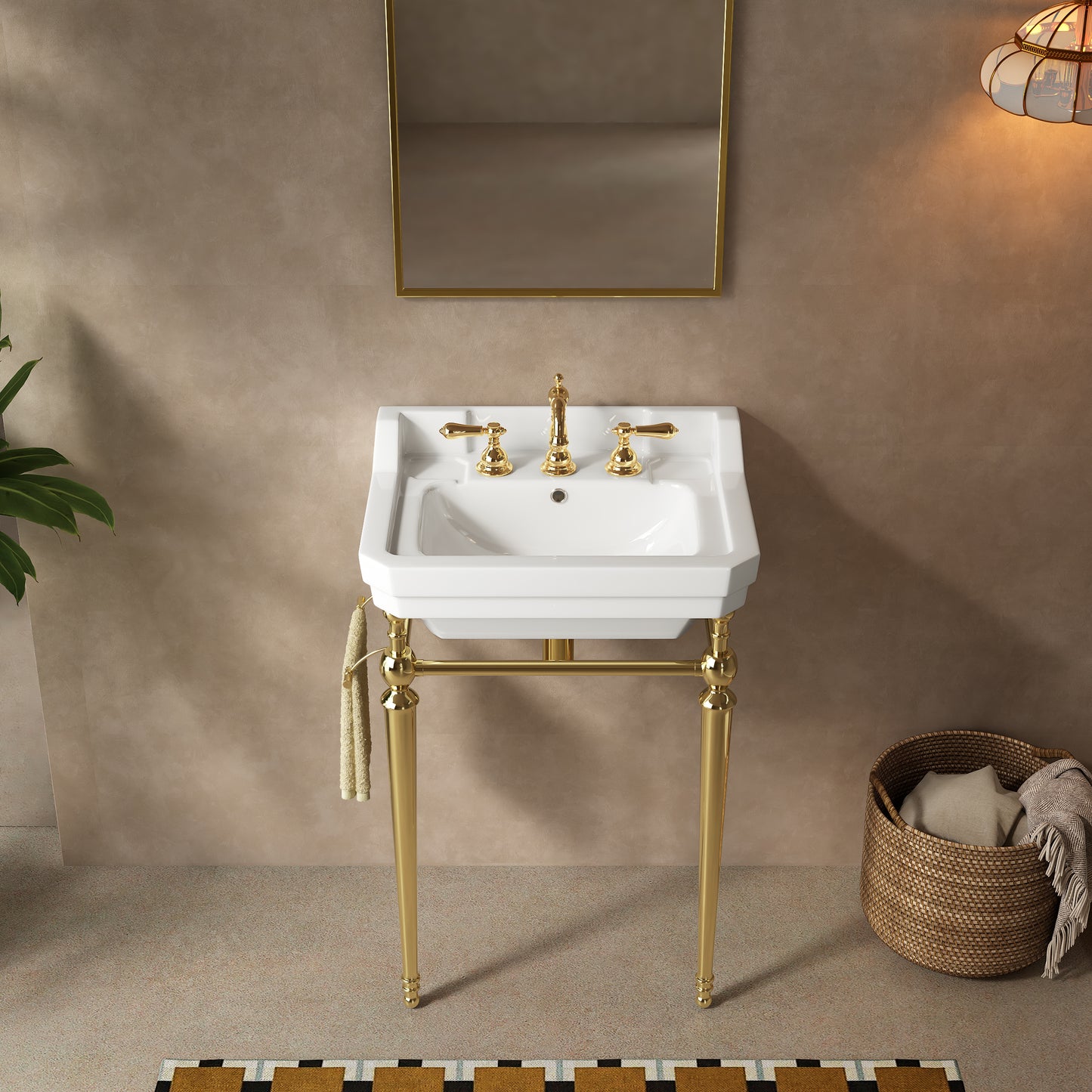VICI 23" Bathroom Console Sink, Wall-Mounted White Ceramic Vanity Basin with 3 Pre-drilled Faucet Holes, Freestanding Stainless Steel Support Legs with Towel Bar, No Faucet & Sink Cover, Gold Color image 1