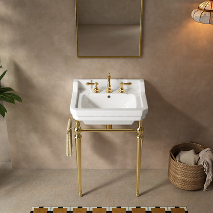 VICI 23" Bathroom Console Sink, Wall-Mounted White Ceramic Vanity Basin with 3 Pre-drilled Faucet Holes, Freestanding Stainless Steel Support Legs with Towel Bar, No Faucet & Sink Cover, Gold Color image 1