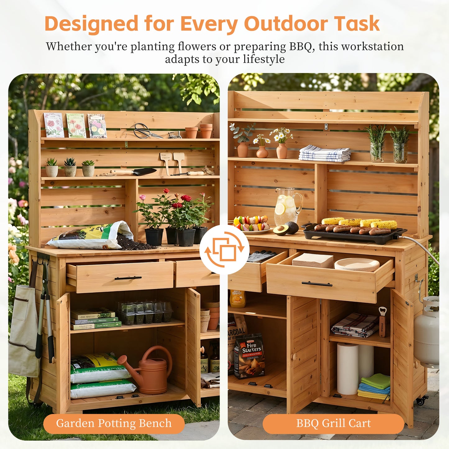 Assembly Video-TOPMAX 65''H Large Garden Potting Bench with Lockable Wheel and Storage Cabinet, Wood Outdoor Kitchen Island Prep Cart with Hutch Top, Drawers and Removal Shelves for Grilling, Natural image 6