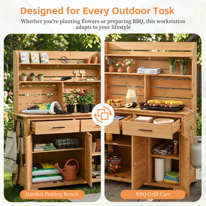 Assembly Video-TOPMAX 65''H Large Garden Potting Bench with Lockable Wheel and Storage Cabinet, Wood Outdoor Kitchen Island Prep Cart with Hutch Top, Drawers and Removal Shelves for Grilling, Natural image 6