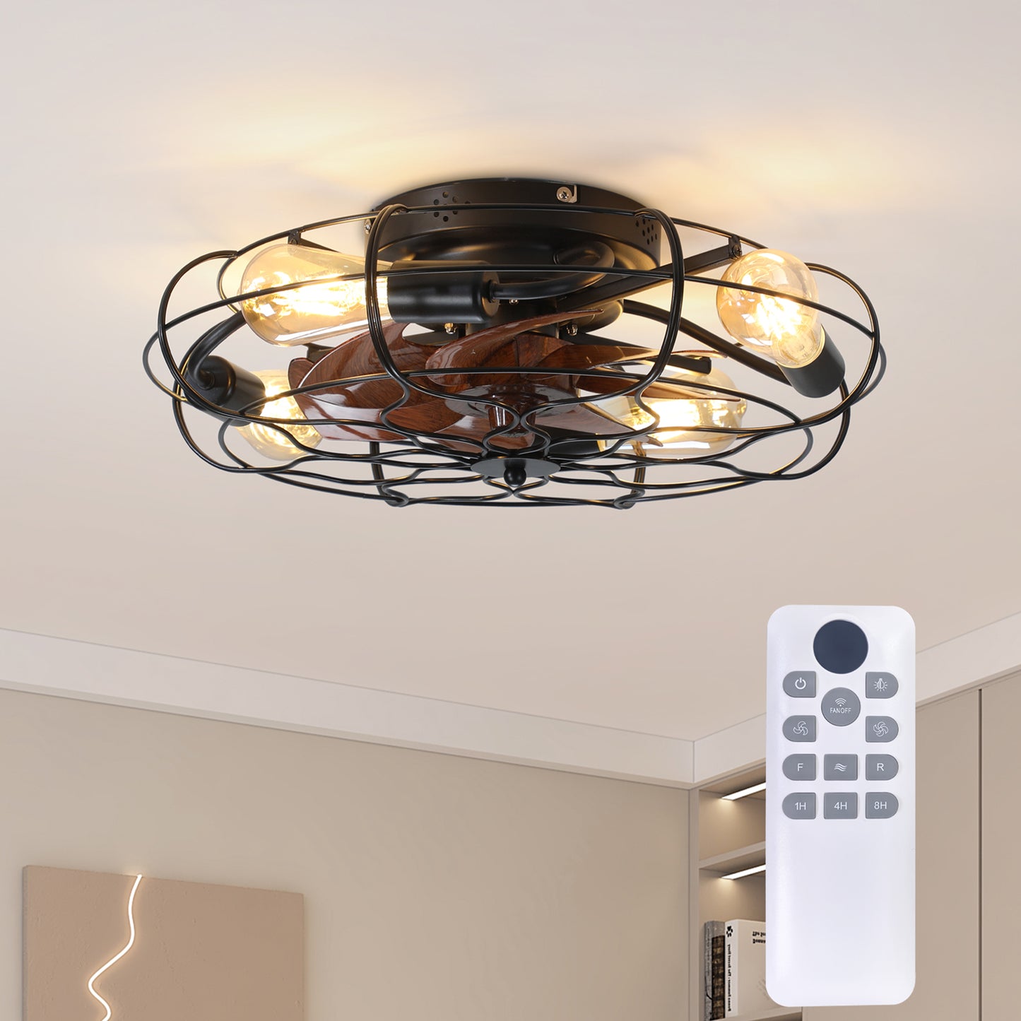 19.7" Industrial Caged Ceiling Fan with Light, 6-Speed Reversible DC Motor, E26 Bulb Base, Remote Control, Timer, Low Noise <30dB, Farmhouse/Industrial Decor for Bedroom/Living Room Kitchen image 1