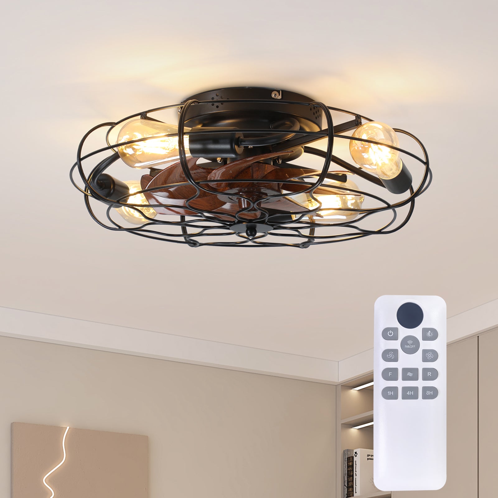 19.7" Industrial Caged Ceiling Fan with Light, 6-Speed Reversible DC Motor, E26 Bulb Base, Remote Control, Timer, Low Noise <30dB, Farmhouse/Industrial Decor for Bedroom/Living Room Kitchen image 1