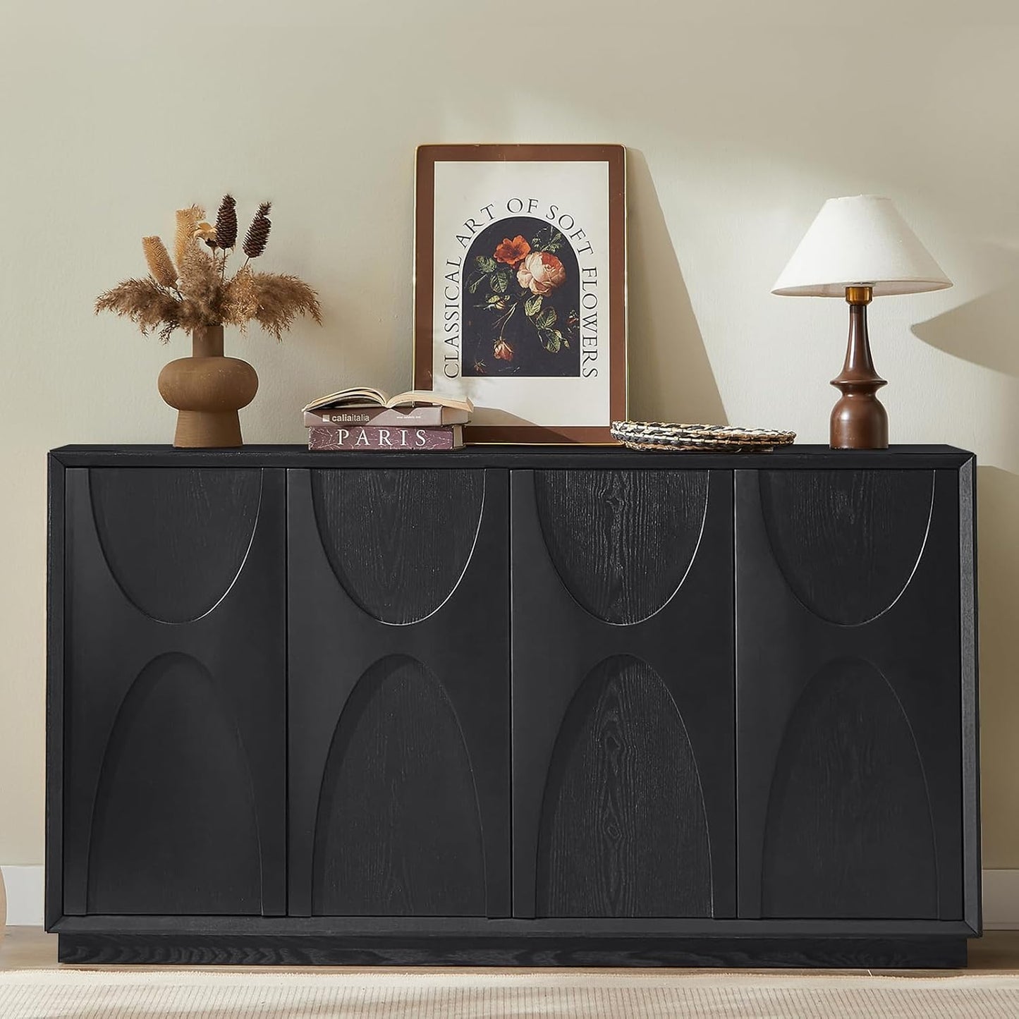 4 Door Accent Cabinet with Solid Wood Carved Doors, Adjustable Shelves, Push to Open Storage Cabinet with Cable Management, Ash Veneer Sideboard for Living Room, image 5