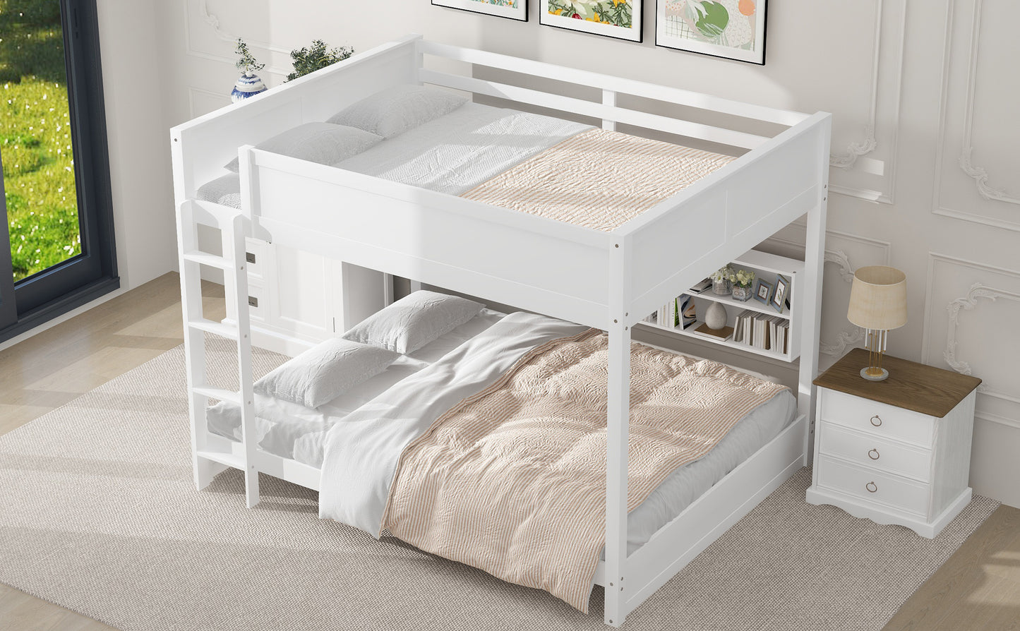 Queen over Queen Bunk Bed with Storage Cabinets and USB Ports, White image 4