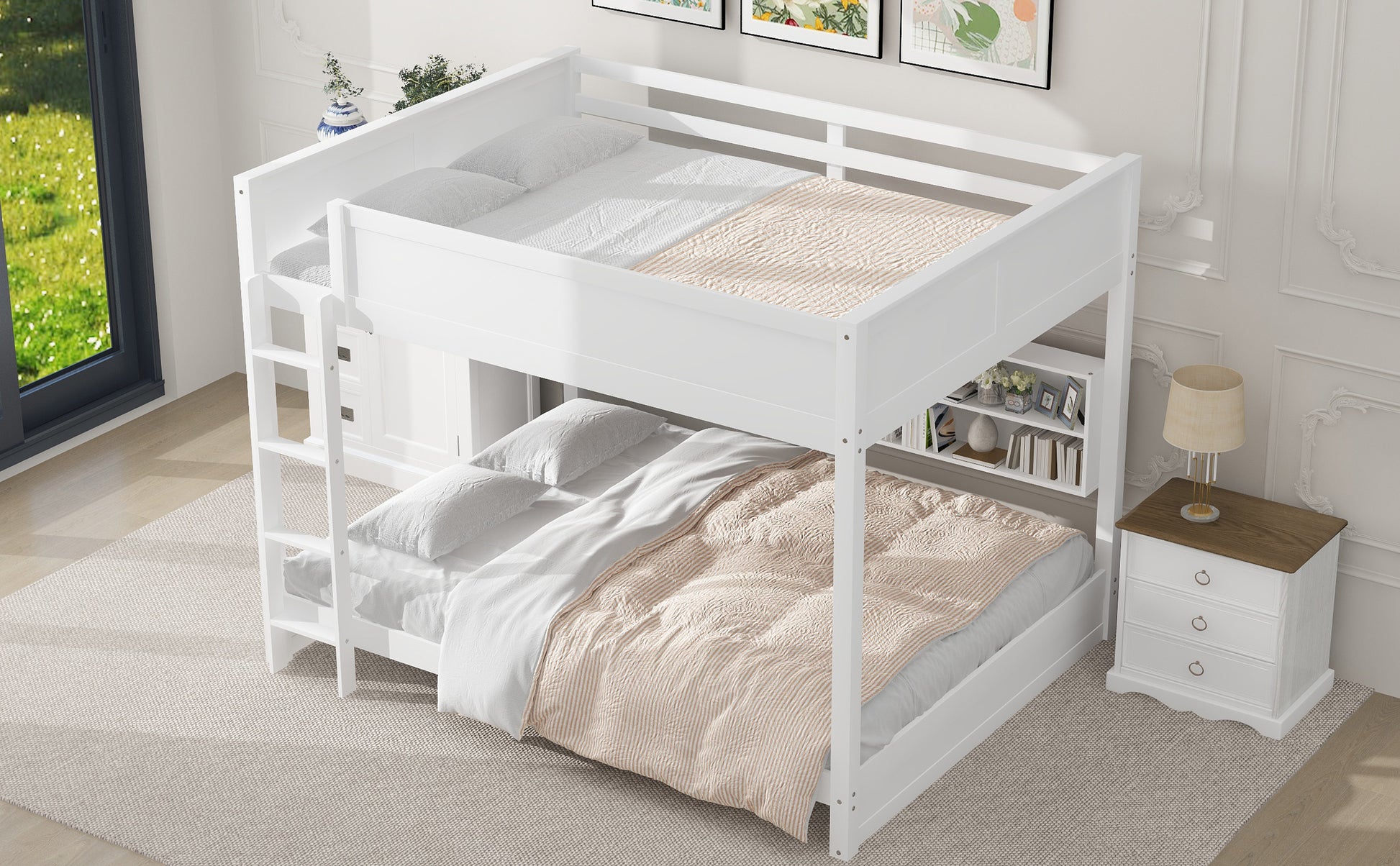 Queen over Queen Bunk Bed with Storage Cabinets and USB Ports, White image 4