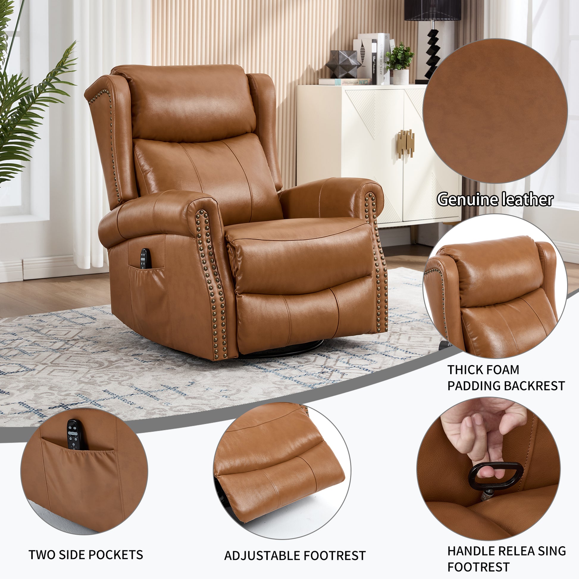 Heat Massage Manual Recliner Chair with Rocker and Swivel in Genuine leather for Living Room, Yellow image 3