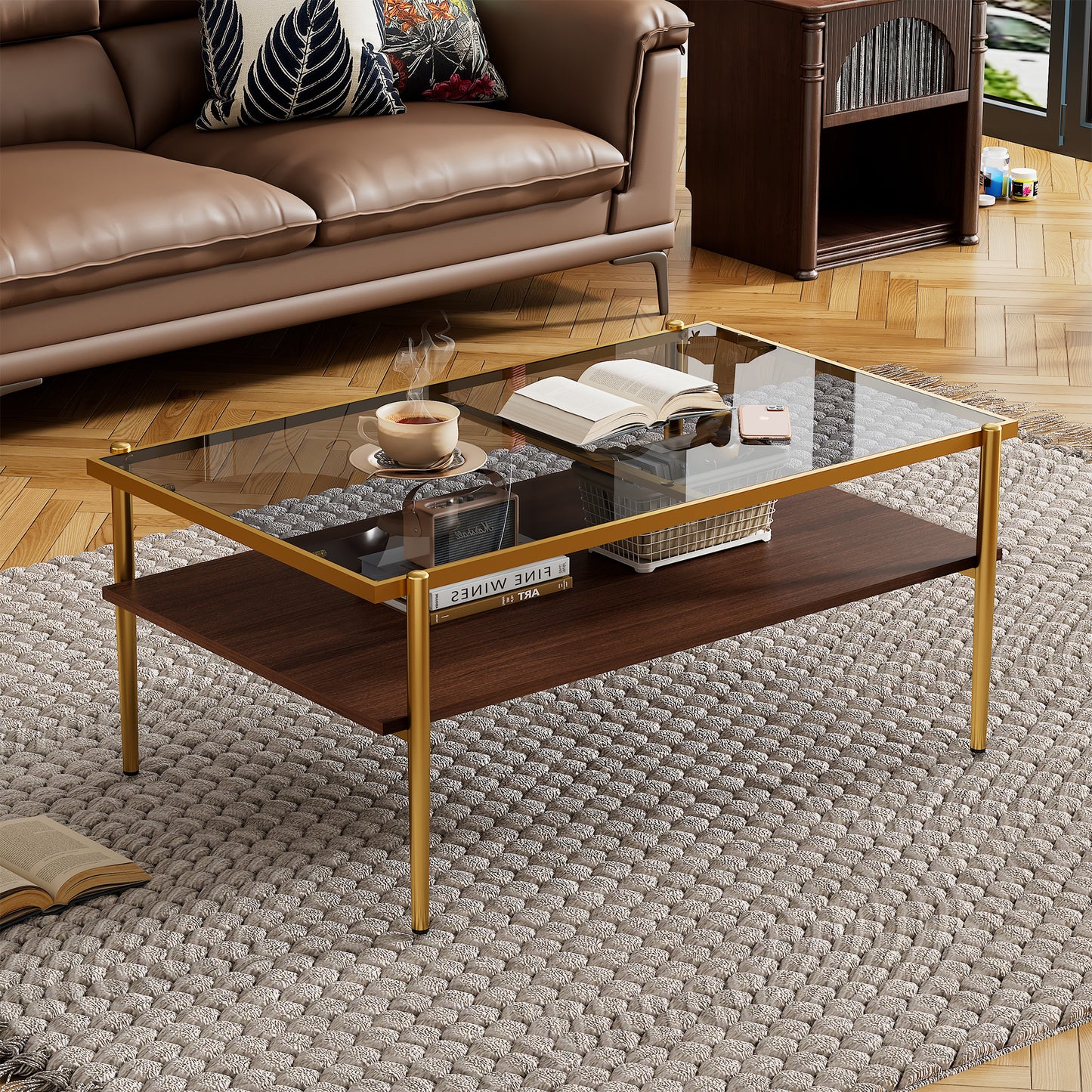 Rectangle Coffee Table with Gray Tempered Glass top and Golden Legs, Modern Table for Living Room image 1